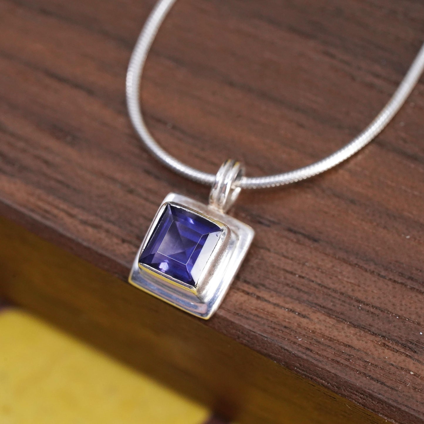 16", vintage sterling silver necklace, 925 snake chain square amethyst pendant