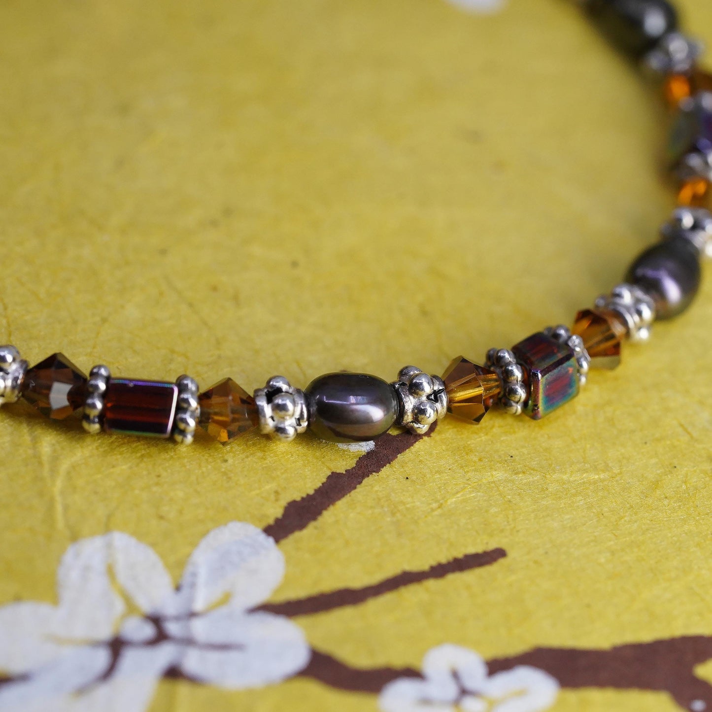 7+1”, vintage Sterling silver garnet citrine beads bracelet with black pearl