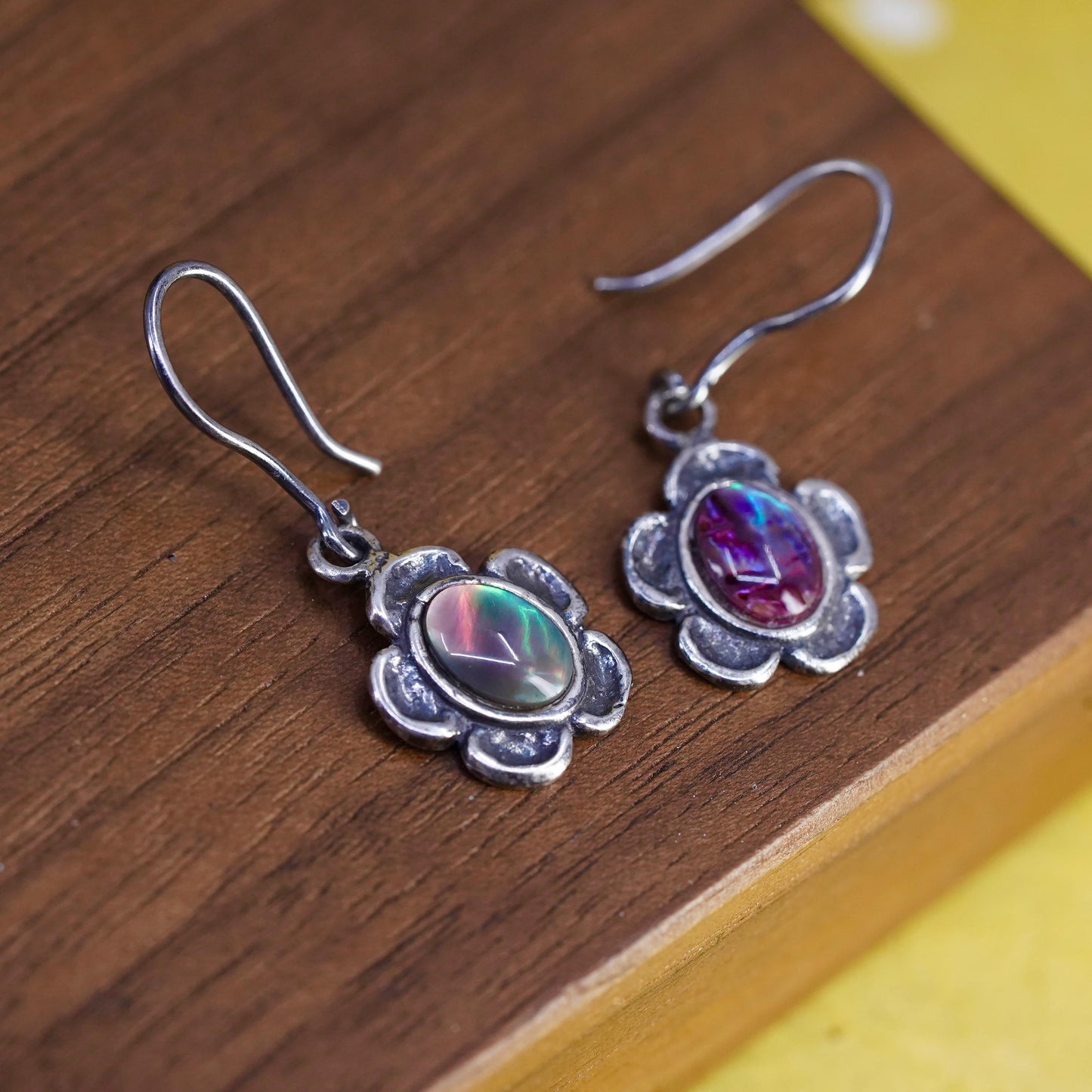 Vintage Brazil sterling 925 silver handmade flower earrings with artisan glass