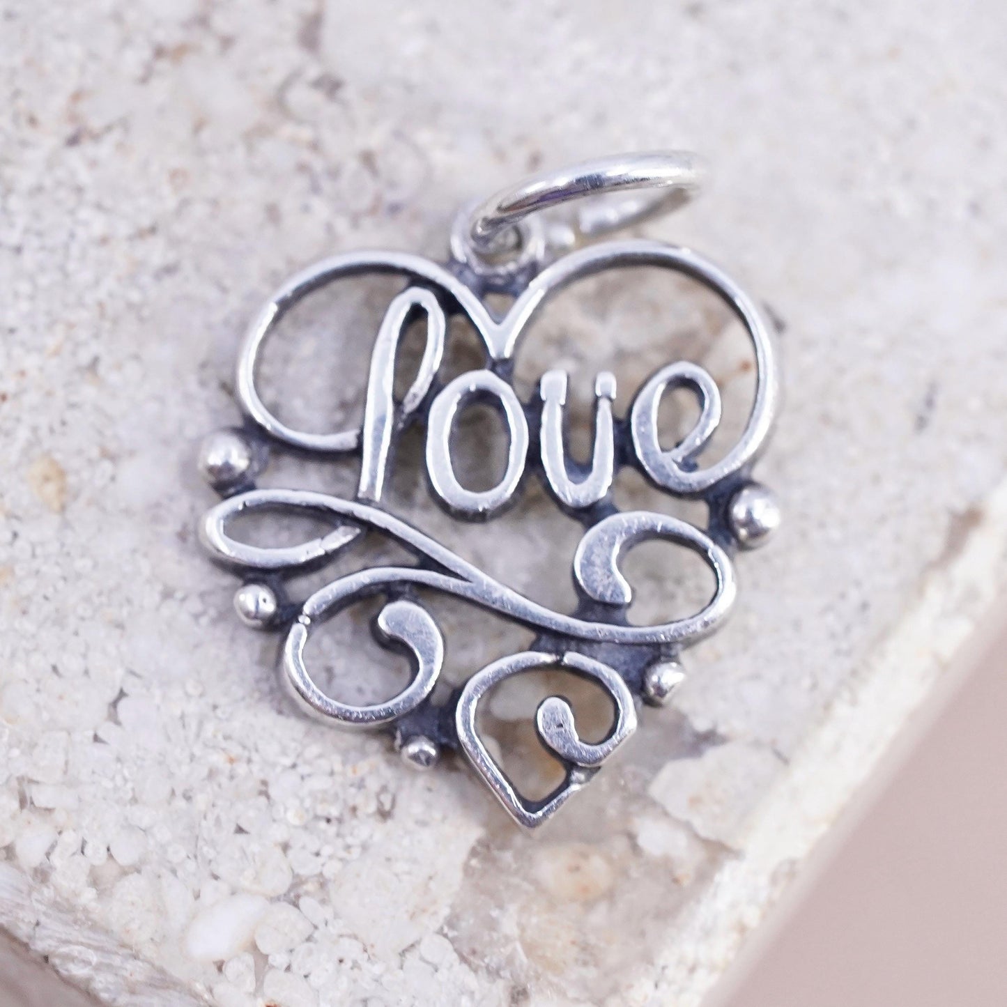 Vintage sterling silver handmade pendant, 925 heart charm "love"