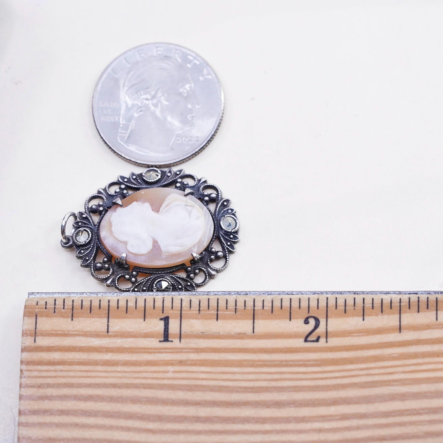 VTG Sterling 925 silver pendant mother of pearl cameo lady cluster marcasites