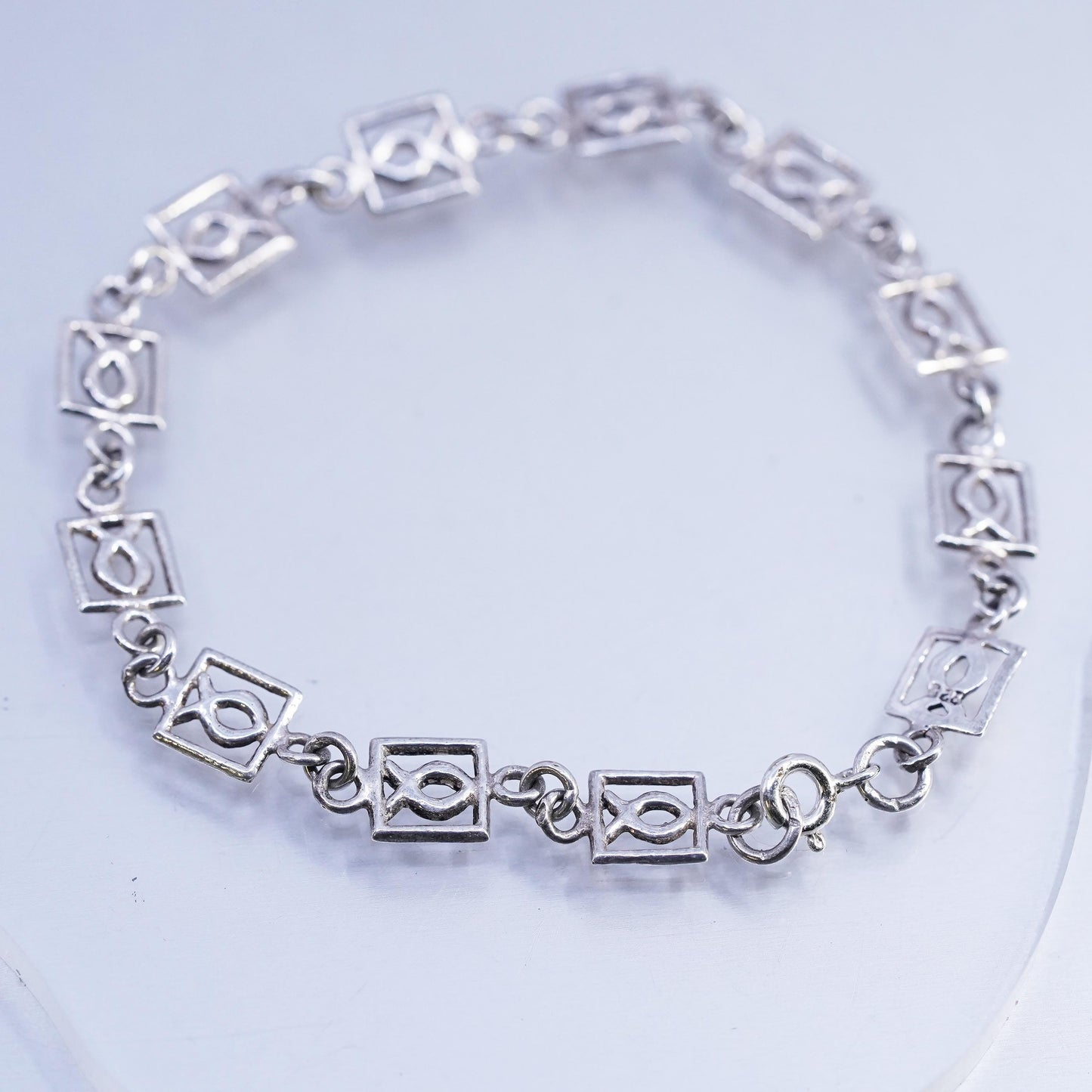 7", Vintage Sterling Silver Handmade Bracelet, 925 fish symbol link chain