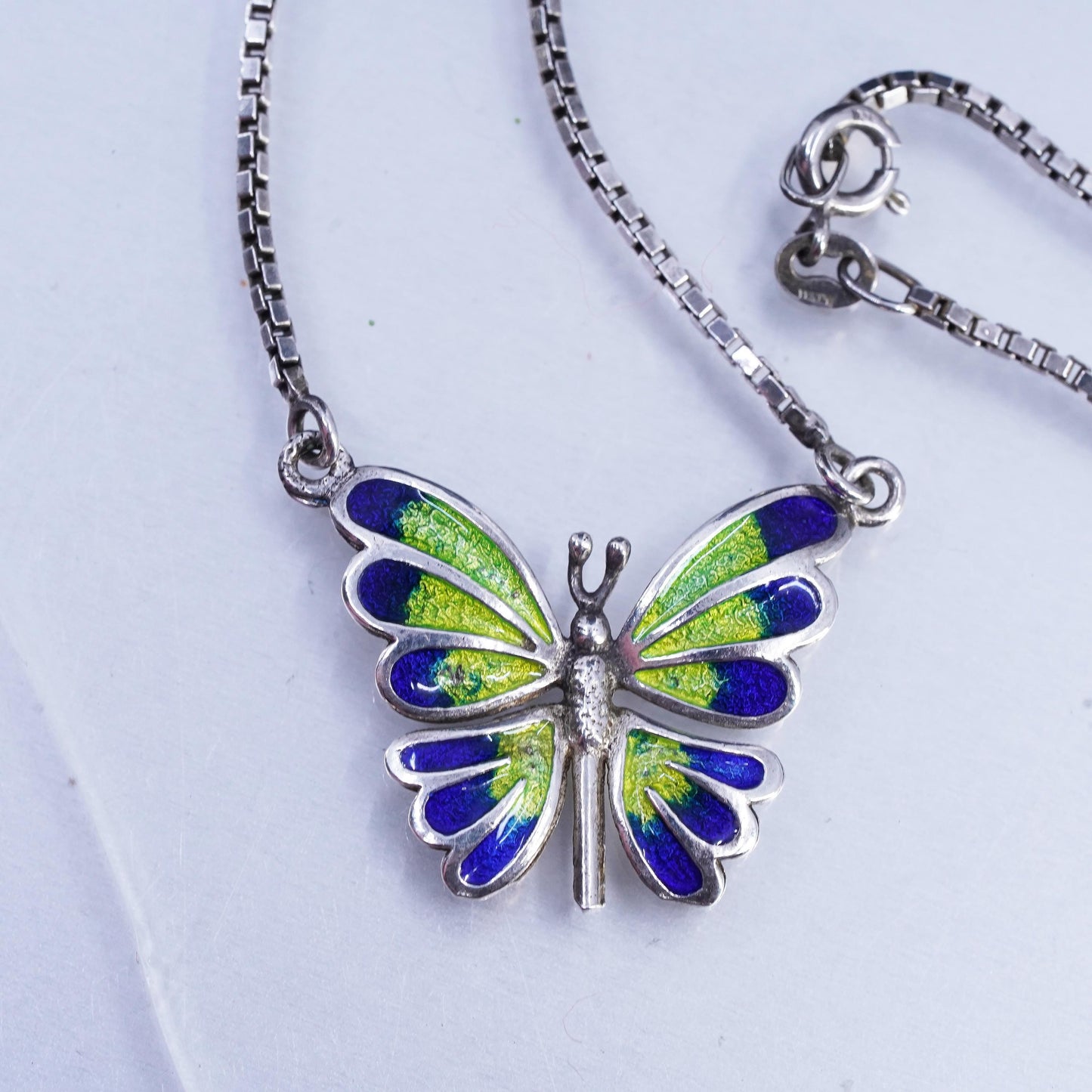 16”, vintage Sterling 925 silver box chain necklace enamel butterfly pendant