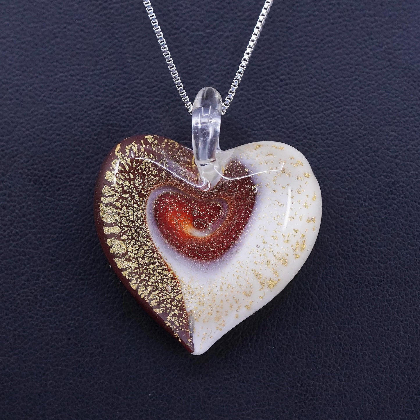 16”, vintage Sterling 925 silver box chain necklace foiled glass heart pendant