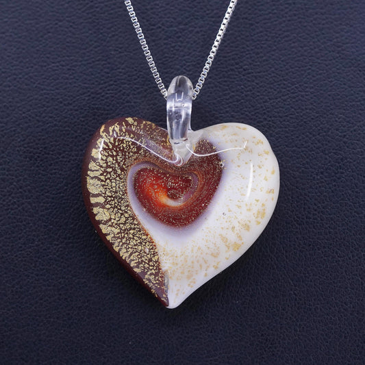 16”, vintage Sterling 925 silver box chain necklace foiled glass heart pendant