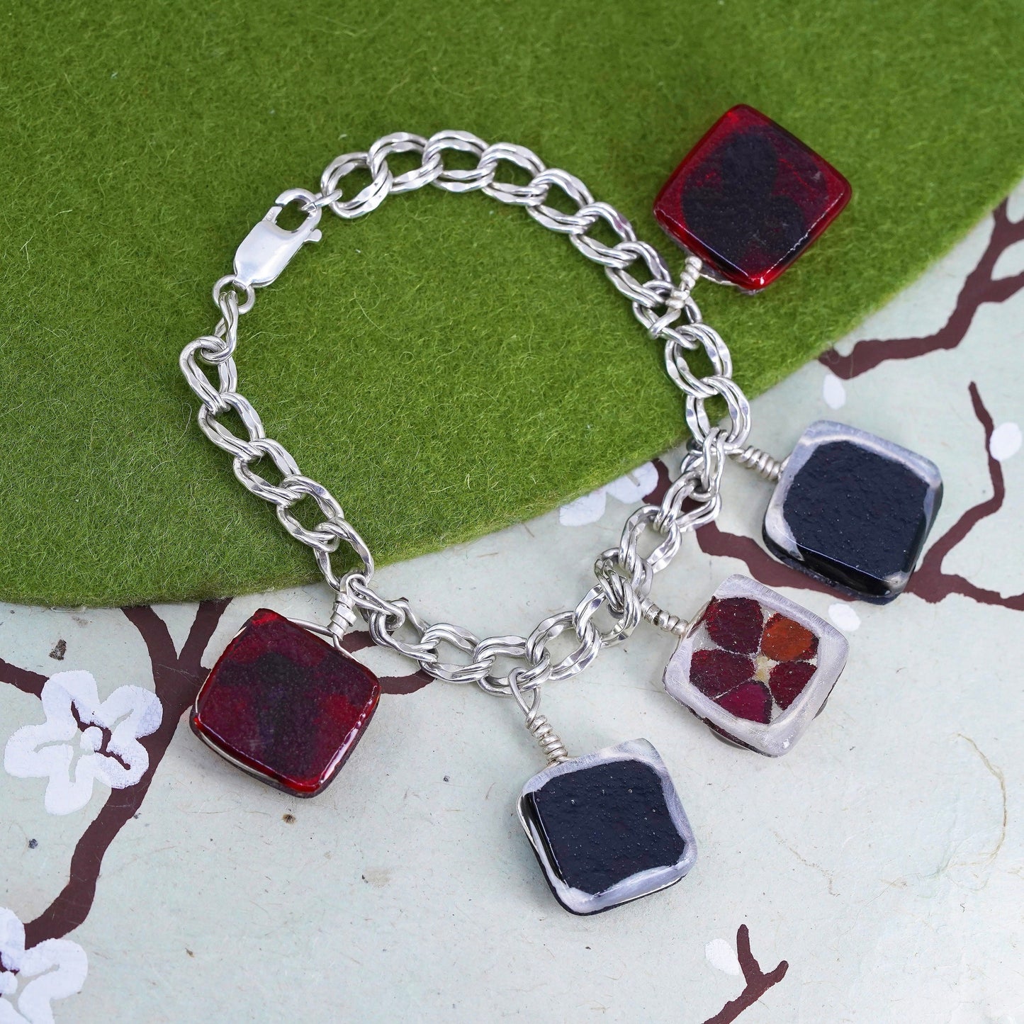 6.5”, Vintage sterling 925 silver double curb bracelet with flower glass charms