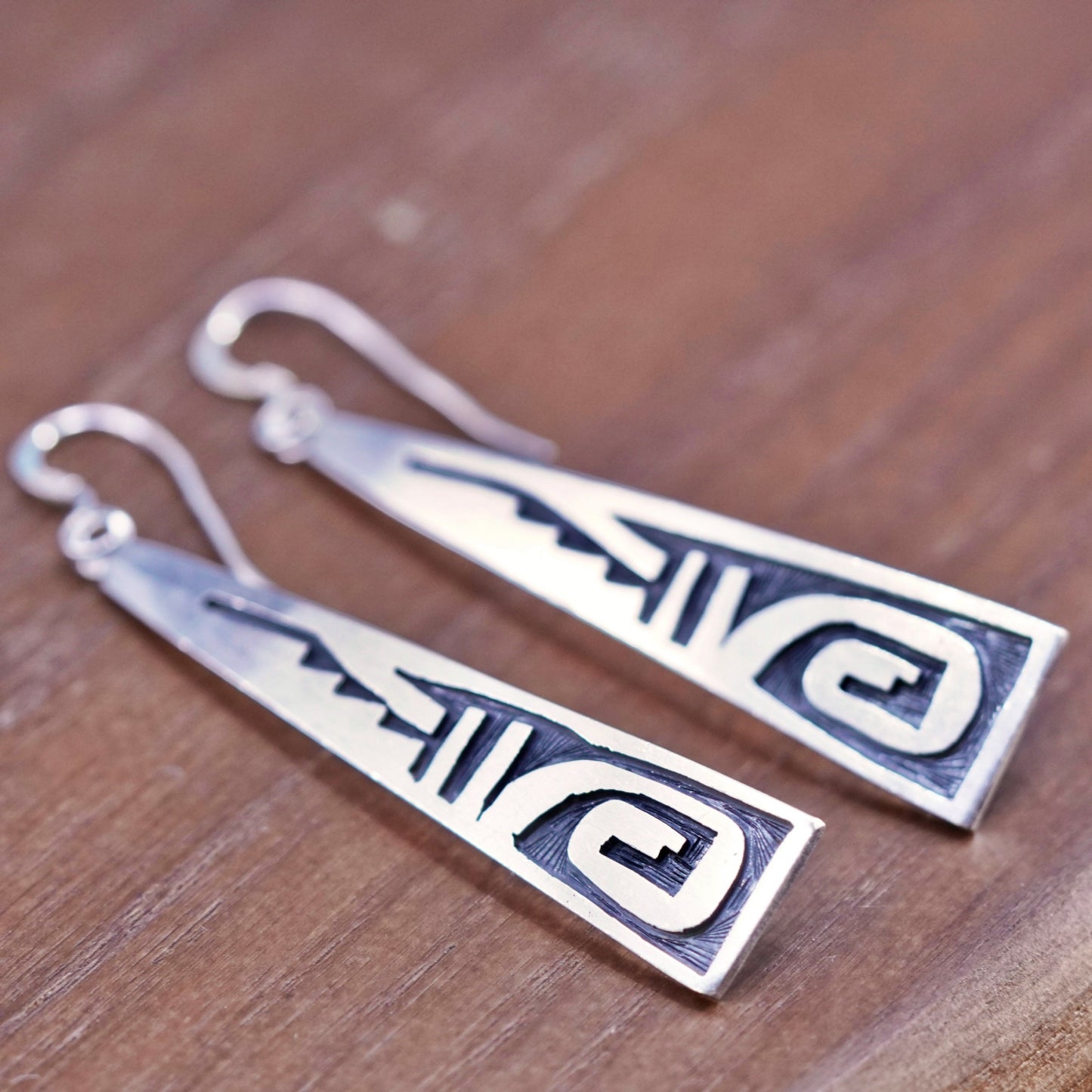 Native American designer sterling 925 silver handmade patterned long earrings