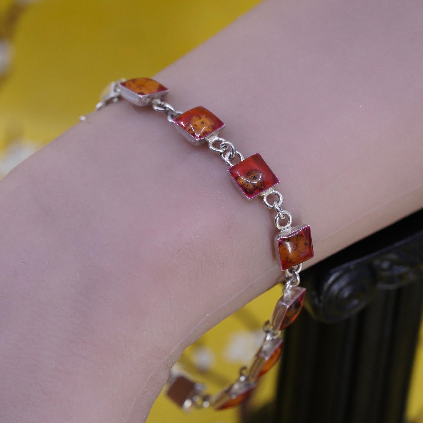 7.5", Sterling Silver Pressed Flower Bracelet, Botanical Resin Link chain, Red