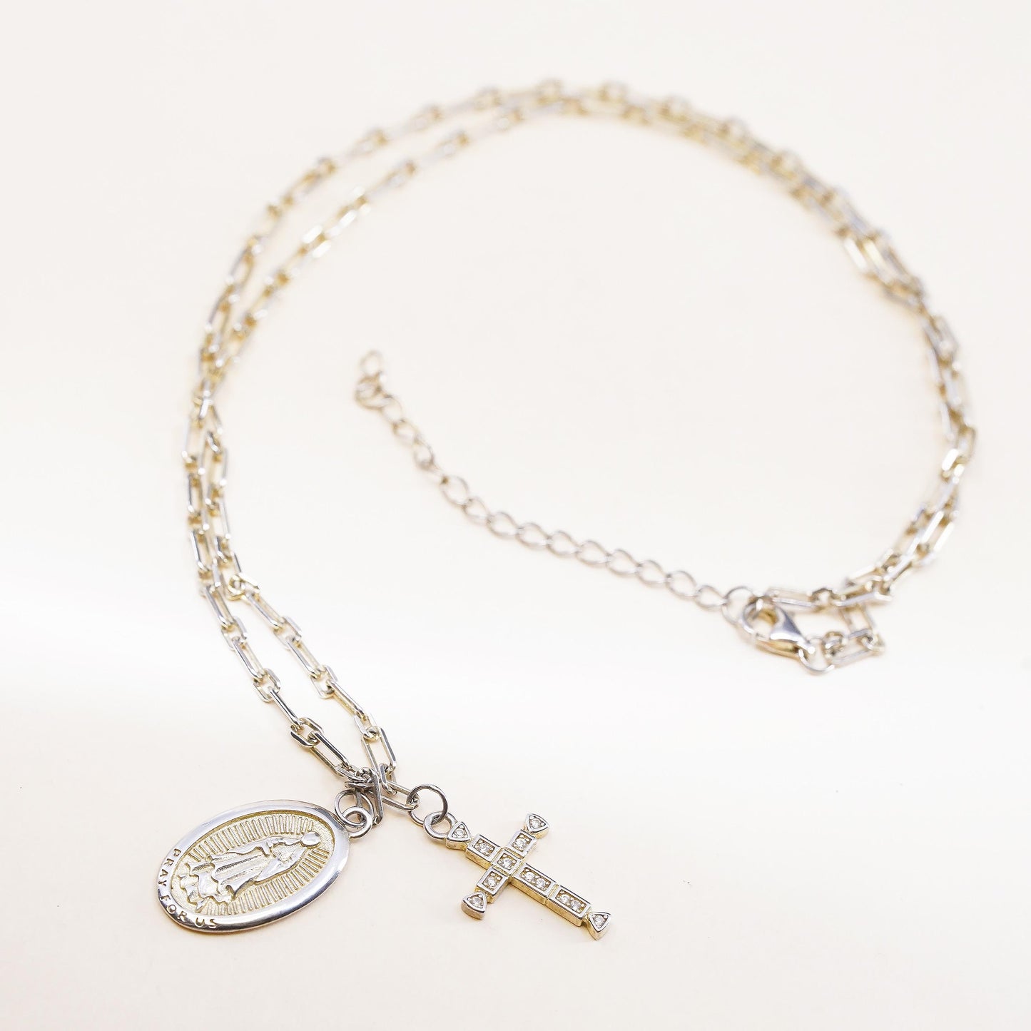 Sterling Silver 925 Two Tone Virgin Mary Diamond Cross Pendant Necklace, Chain