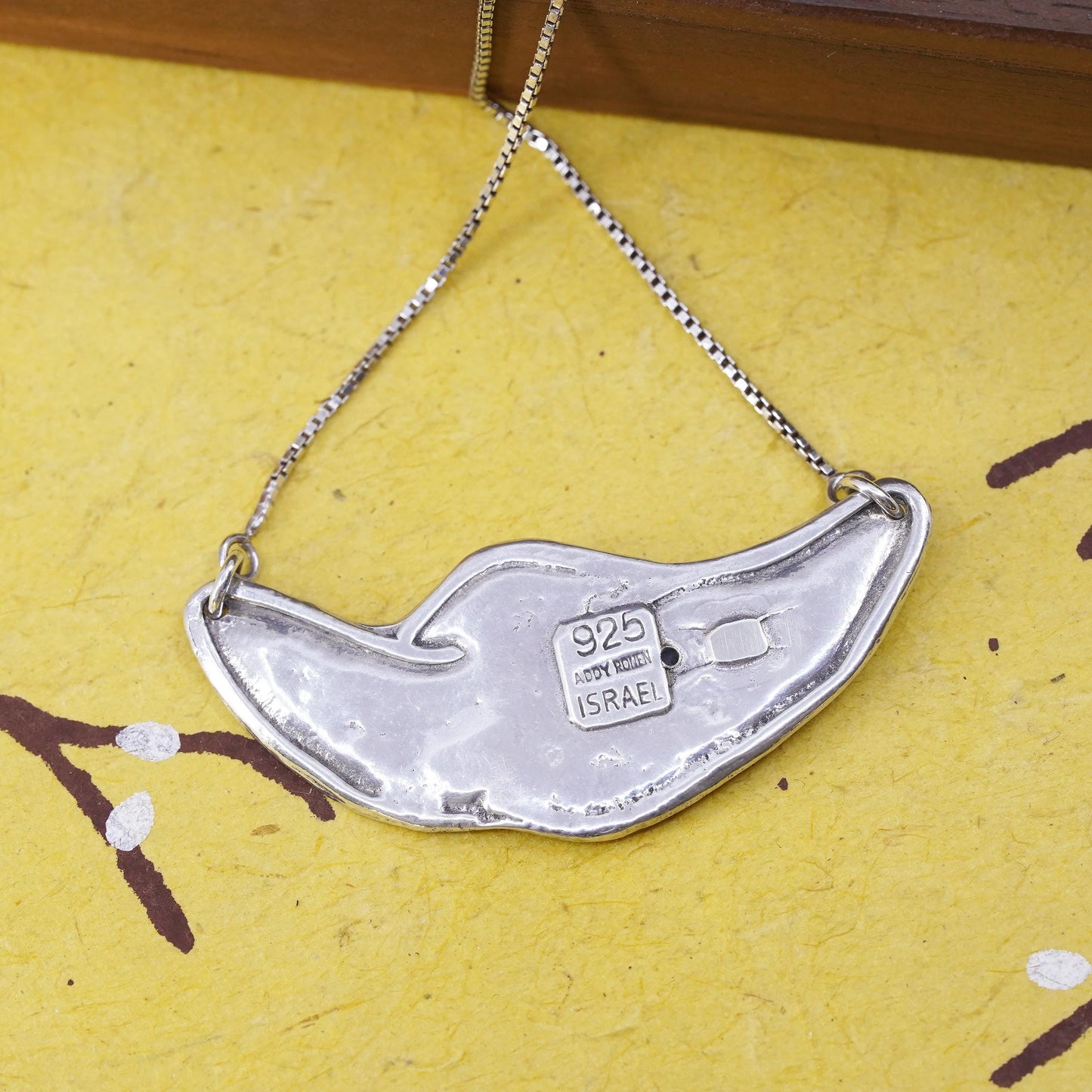 18”, vintage Addy Ronen Israel Sterling Silver Necklace, box chain onyx pendant