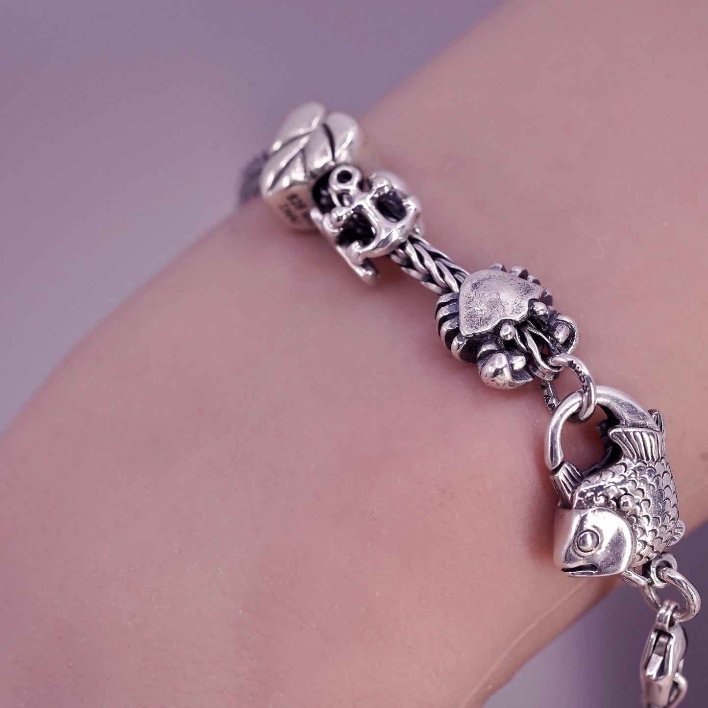 7.75", LAA Trollbeads Sterling Silver 925 wheat Bracelet heart crab leaf charms