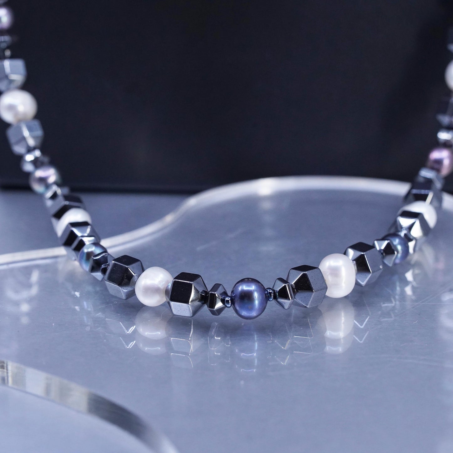 32”, Vintage Sterling 925 silver extra long necklace with hematite pearl beads