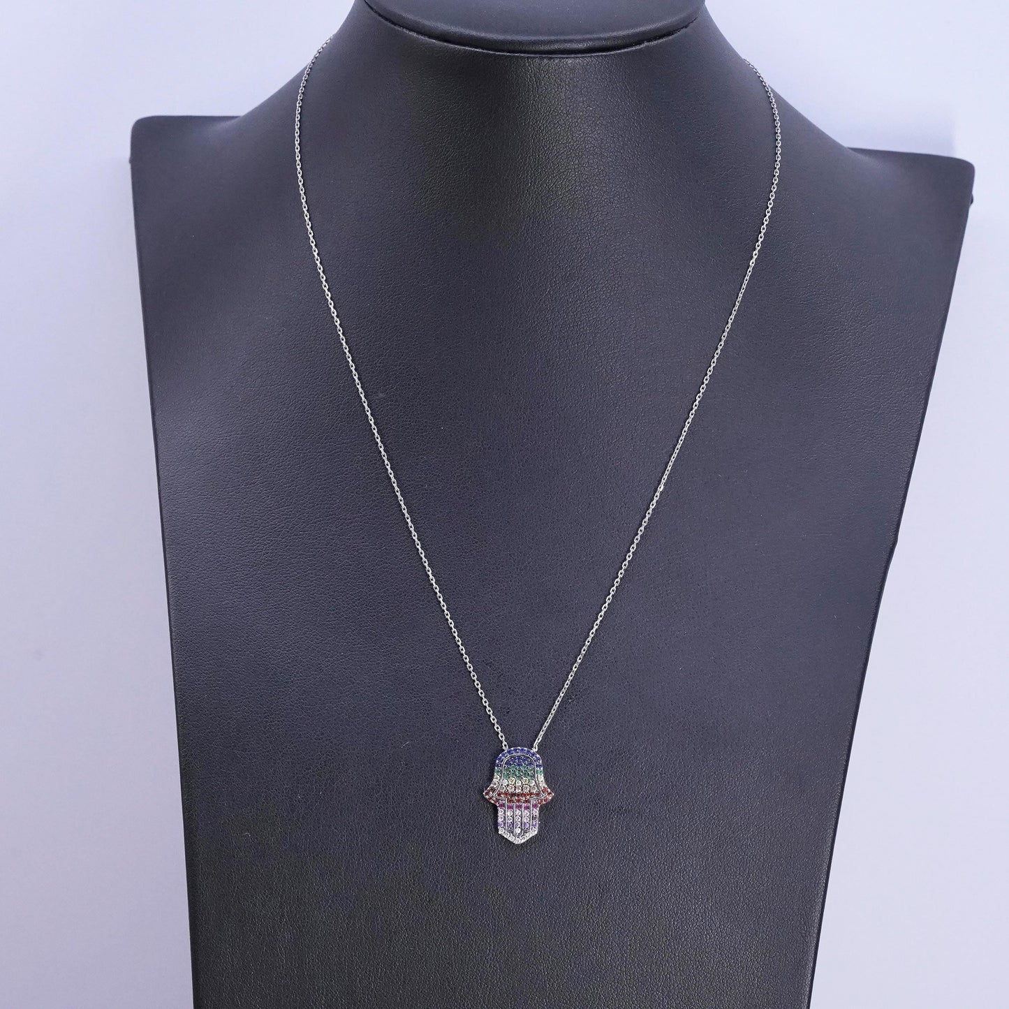 16+1”, vintage Sterling silver necklace, 925 circle chain healing hand pendant