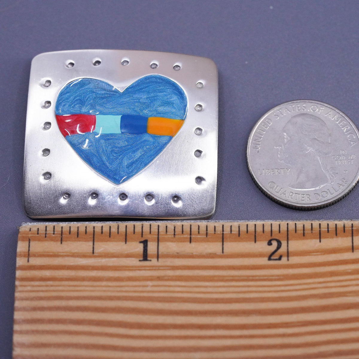 Sterling Silver Enamel Heart Brooch, Colorful Modernist Artisan Pin Square 925