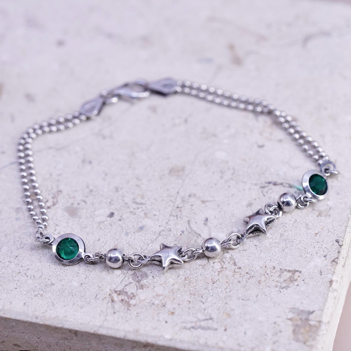 7", vintage sterling silver handmade bracelet, 925 bead chain with star charms