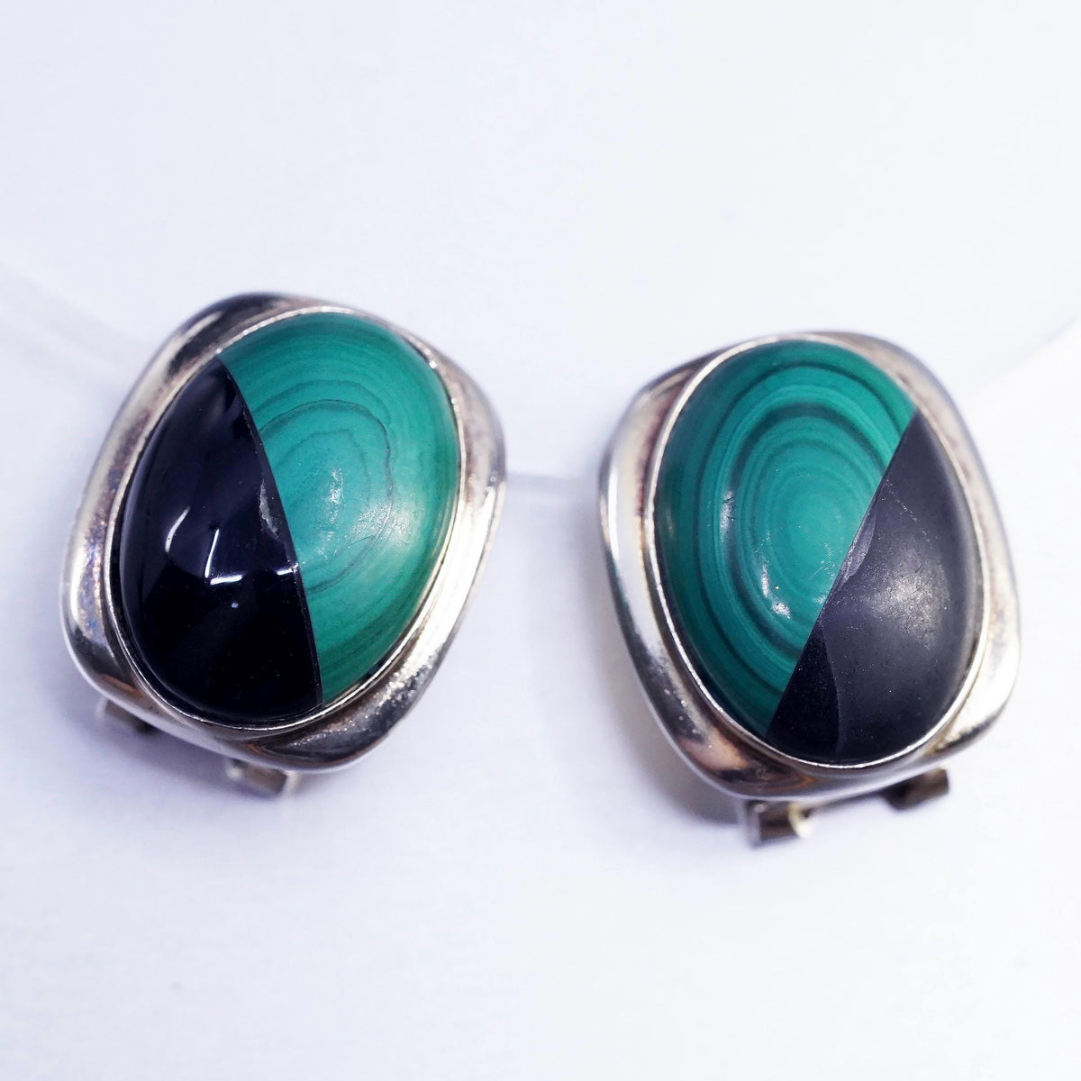 Vintage Sterling 925 silver handmade earrings, clip on w/ black onyx malachite