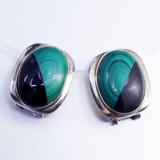 Vintage Sterling 925 silver handmade earrings, clip on w/ black onyx malachite