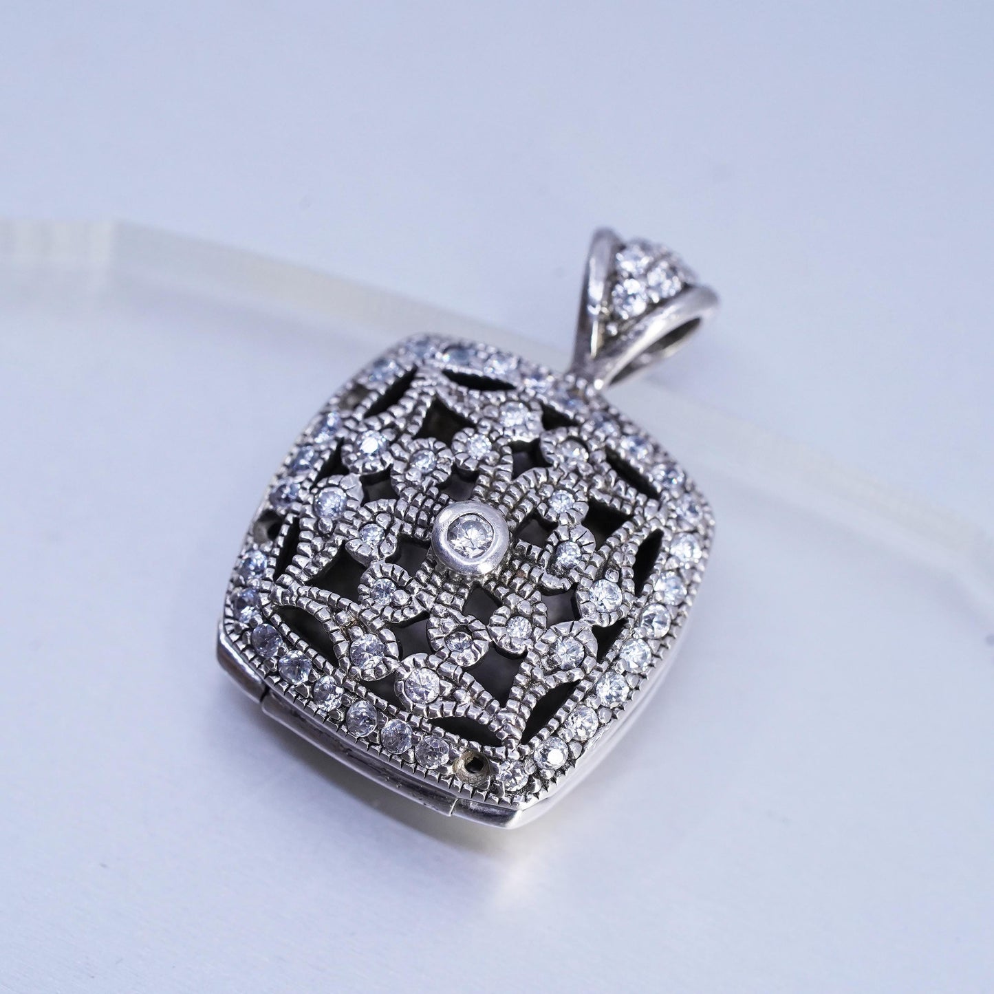 Vintage sterling silver pendant, 925 square locket charm with cluster cz