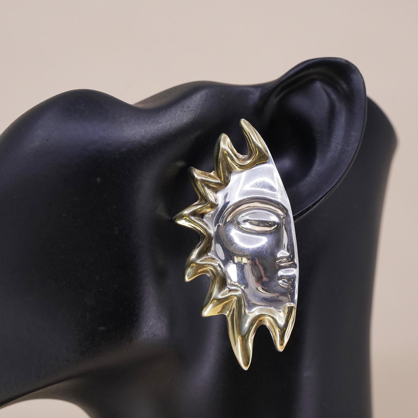 Vintage Mexican two tone sterling silver handmade half sun face single earring