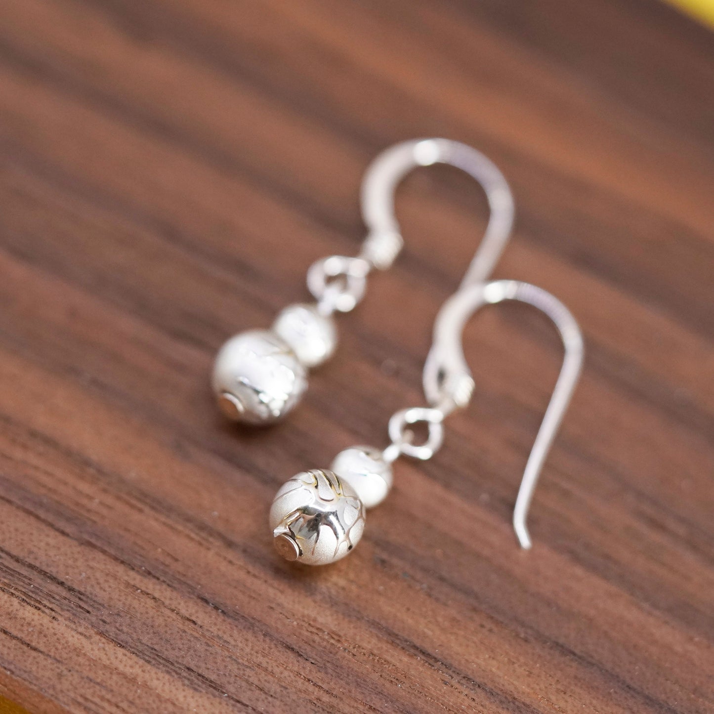 Vintage Sterling silver handmade earrings, textured 925 beads drops