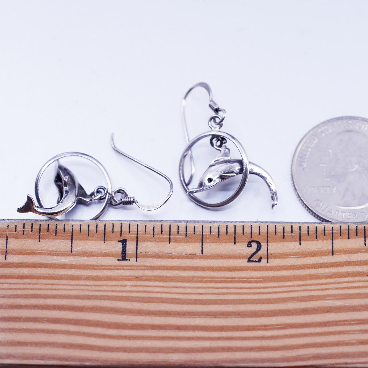 Sterling Silver Dolphin Hoop Earrings, 925 3D Dolphin Dangle, Ocean Marine