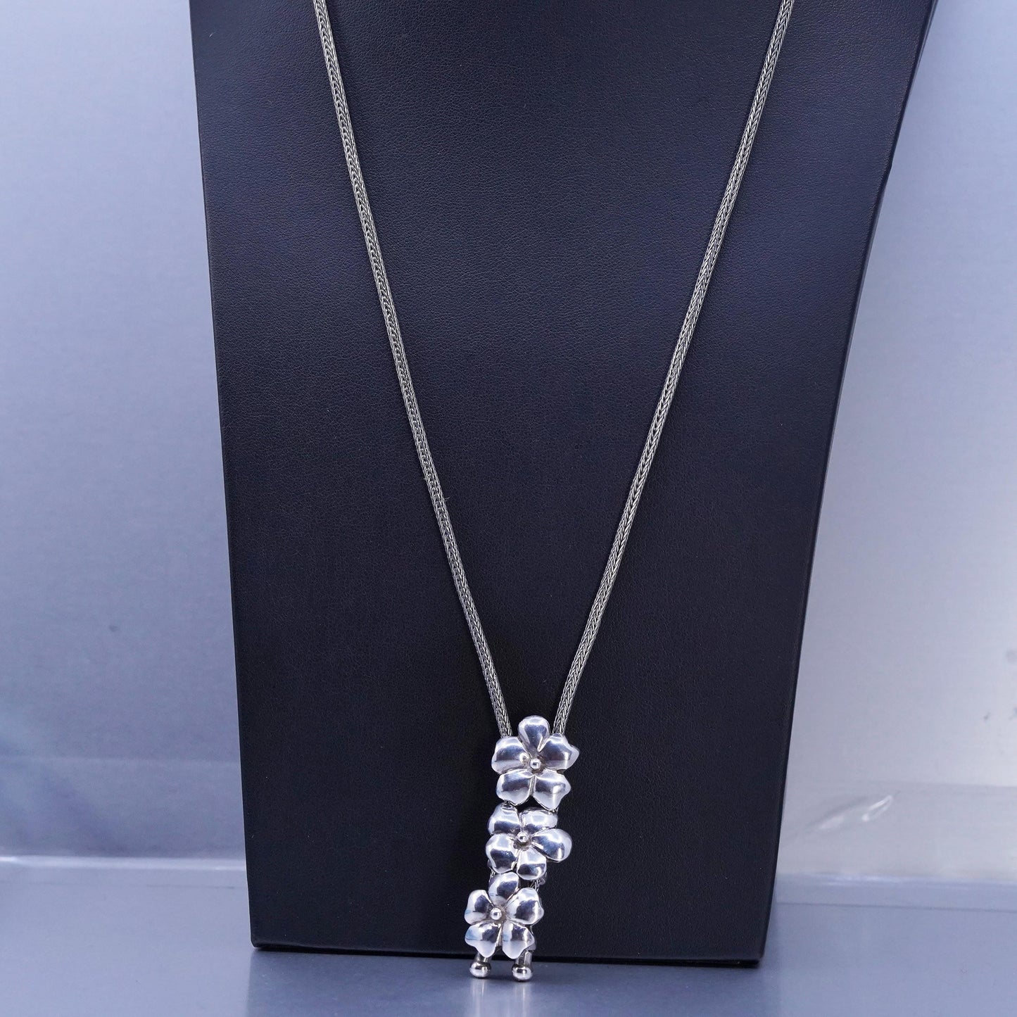 24” 3mm, vintage Sterling 925 silver wheat chain necklace flower slide pendants