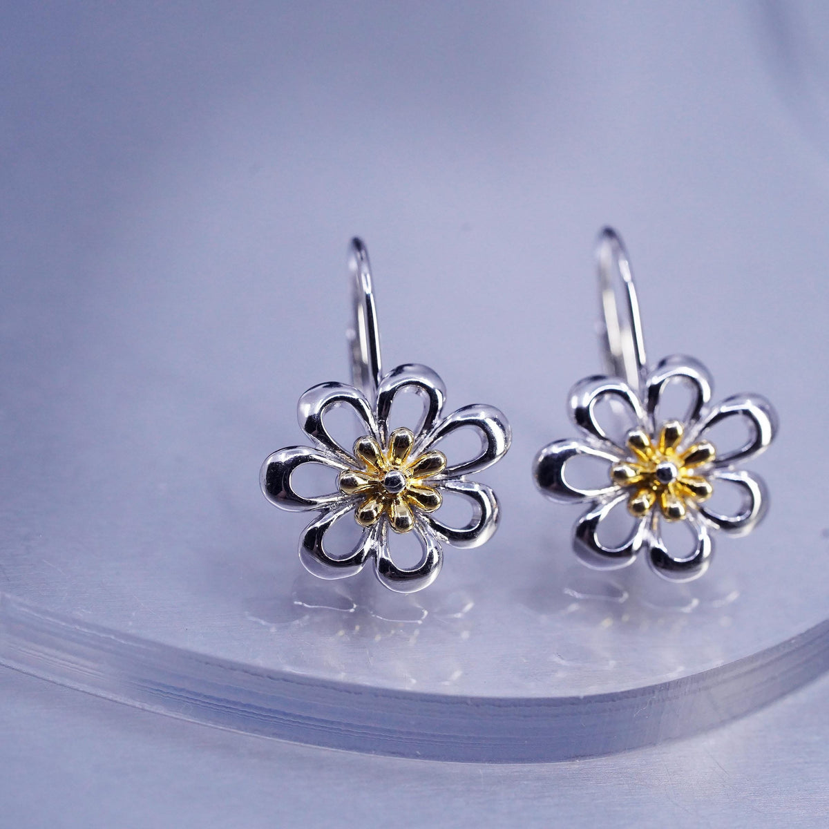 Vintage two tone Sterling 925 silver handmade flower earrings and lever back