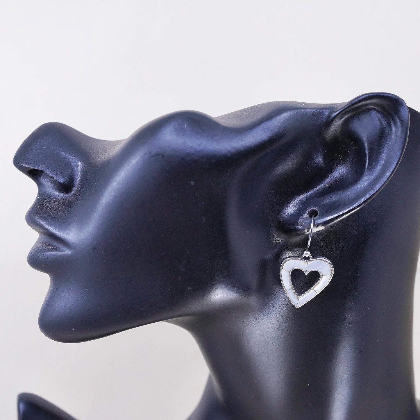 Vintage Peyote Bird sterling 925 silver earrings mother of pearl inlay heart
