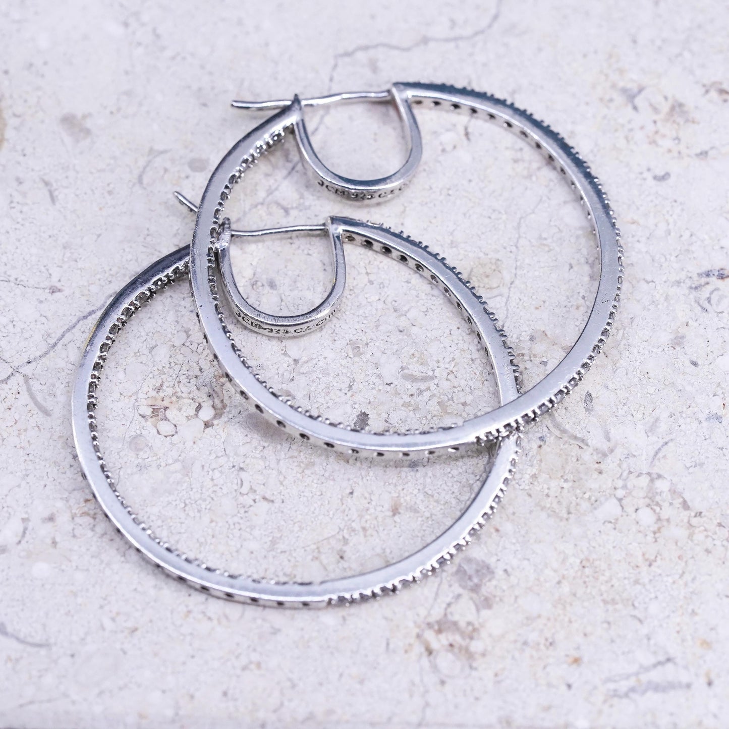 1.5”, Sterling silver handmade earrings, 925 silver hoops with cluster cz