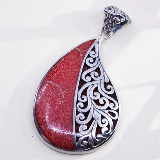 Sterling Silver Red Coral Teardrop double sided Pendant, Bali Filigree Charm