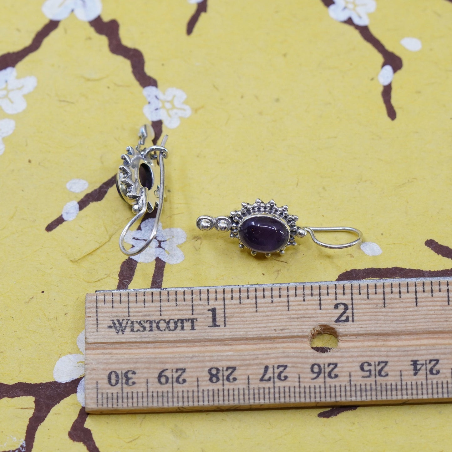 Vintage Sterling silver handmade earrings, 925 dangles with oval amethyst