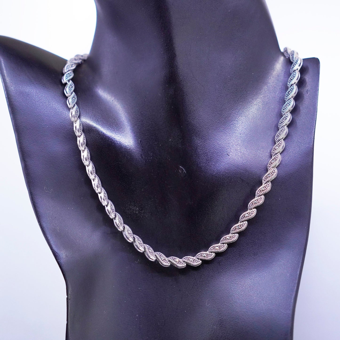 16”, Sterling 925 silver handmade San Marco chain tennis necklace w/ Marcasite