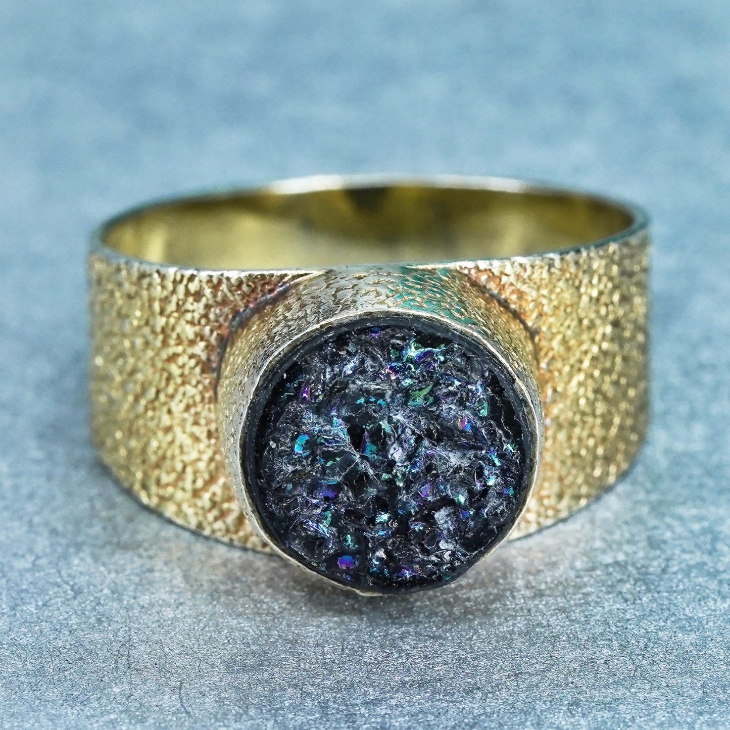 Size 9.5, vermeil gold over Sterling 925 silver ring druzy glittering stone