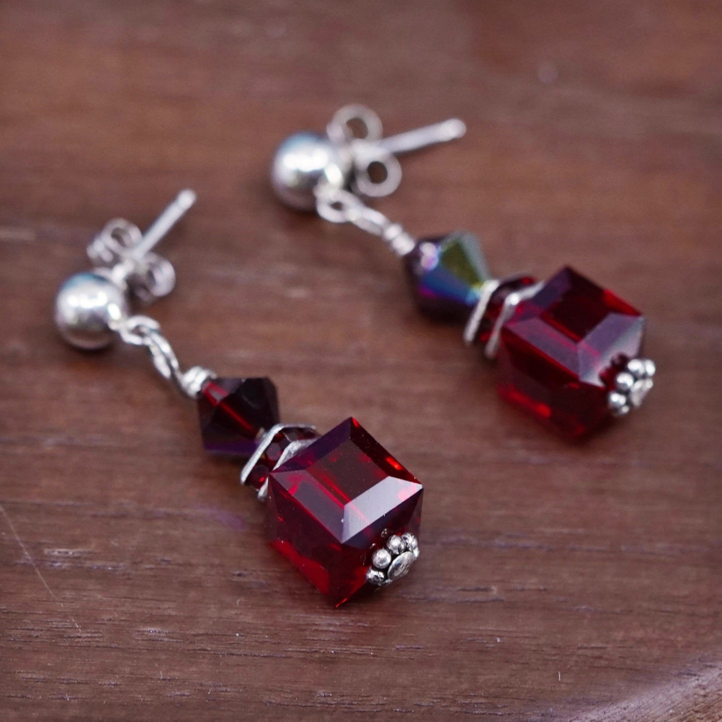 Vintage Sterling 925 silver handmade earrings with cube ruby