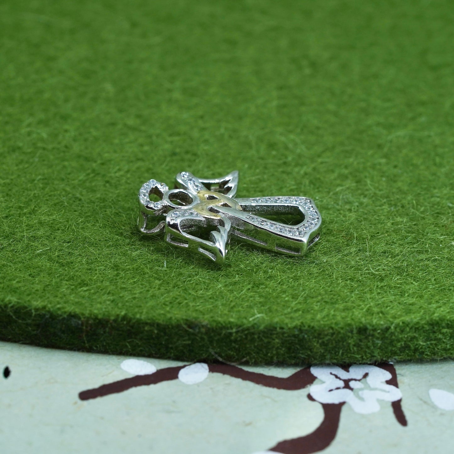 Vintage Sterling silver angel pendant, 925 charm with diamond detail