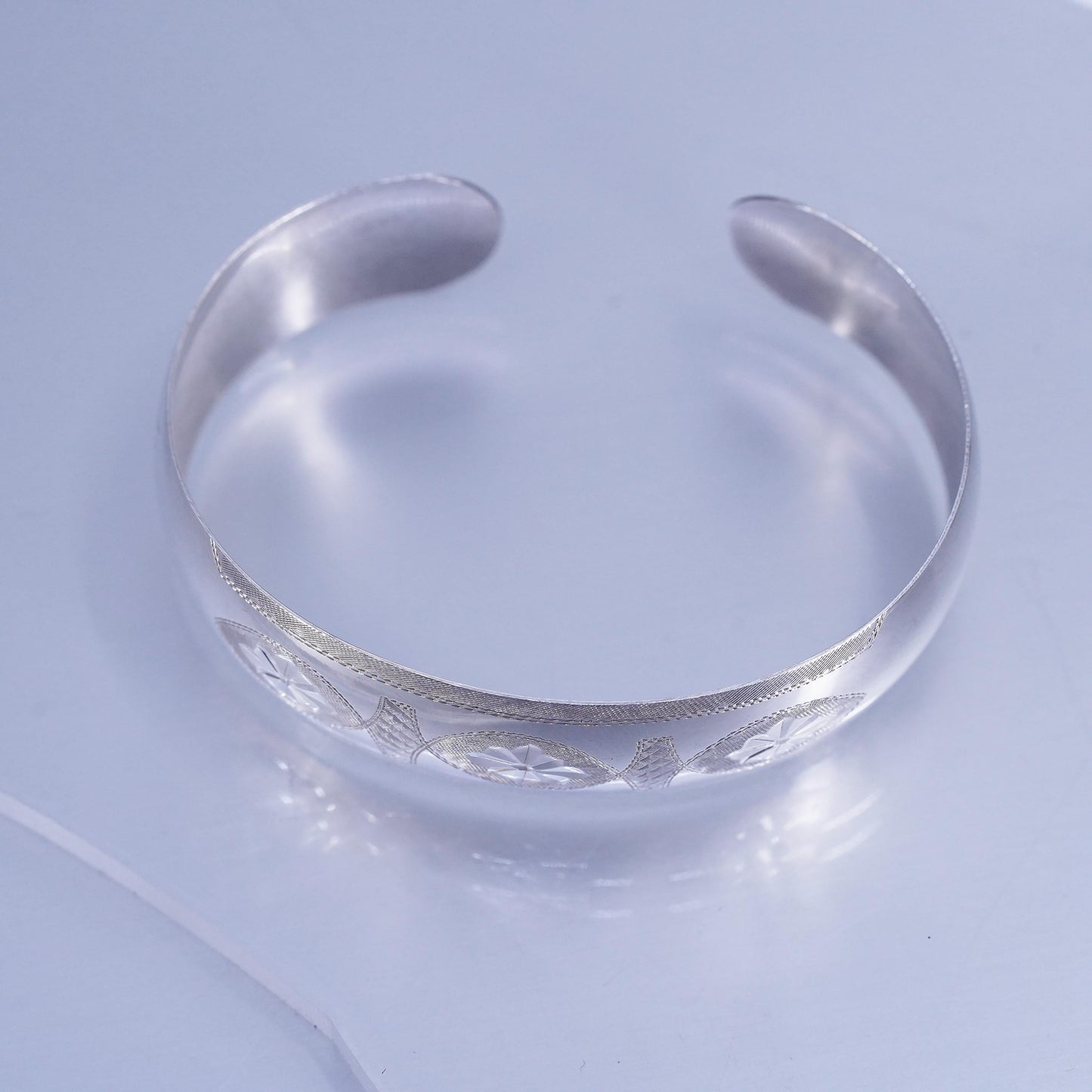 6.5”, Indian Siam sterling silver bracelet, 925 disc engraved goddess cuff