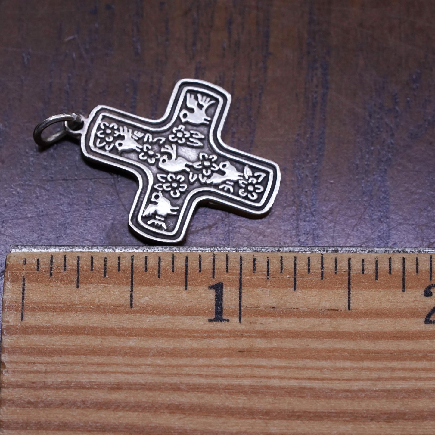 Vintage handmade Sterling silver pendant, 925 cross charm with rose flower