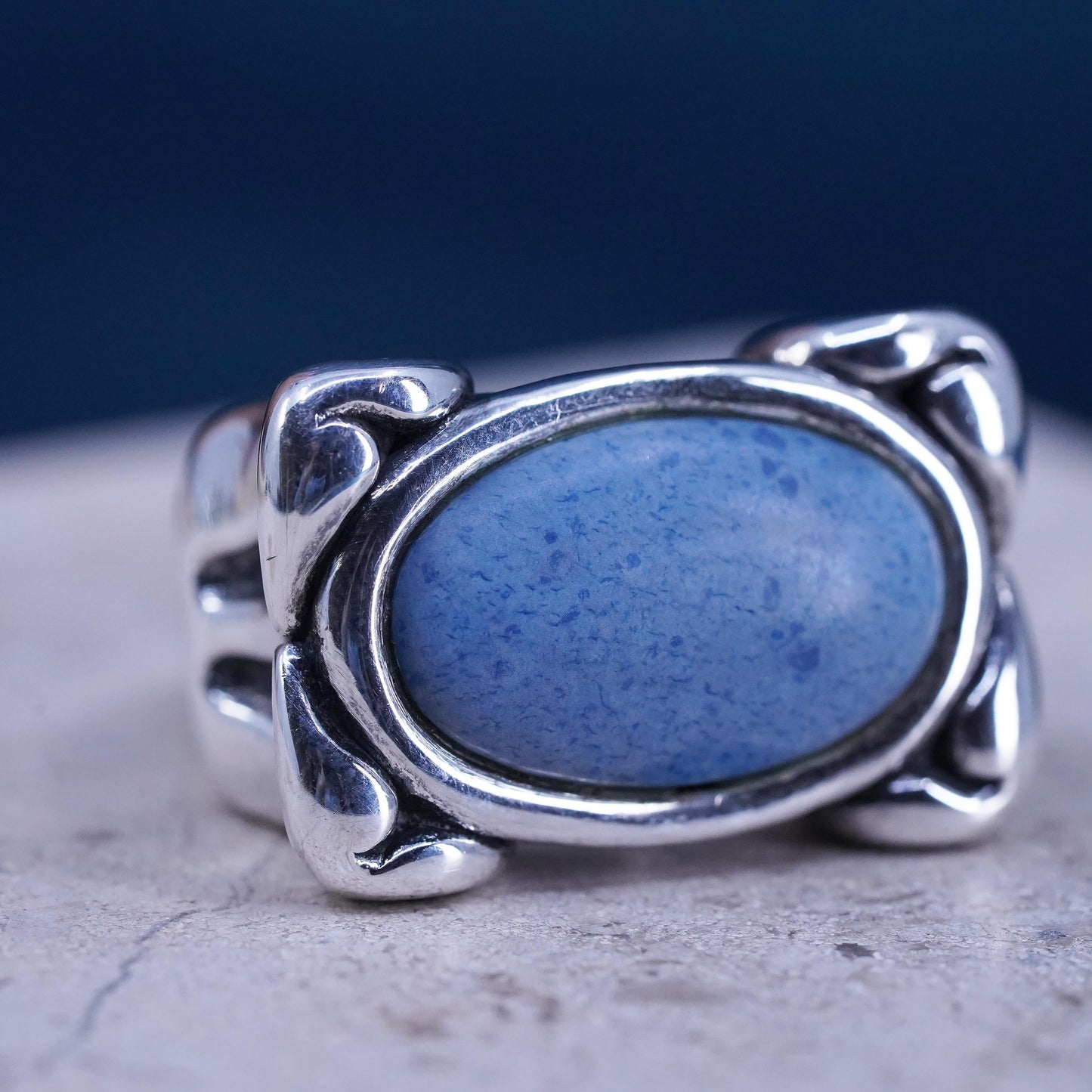 Size 9, Vintage sterling silver handmade statement ring with denim Lapis lazuli
