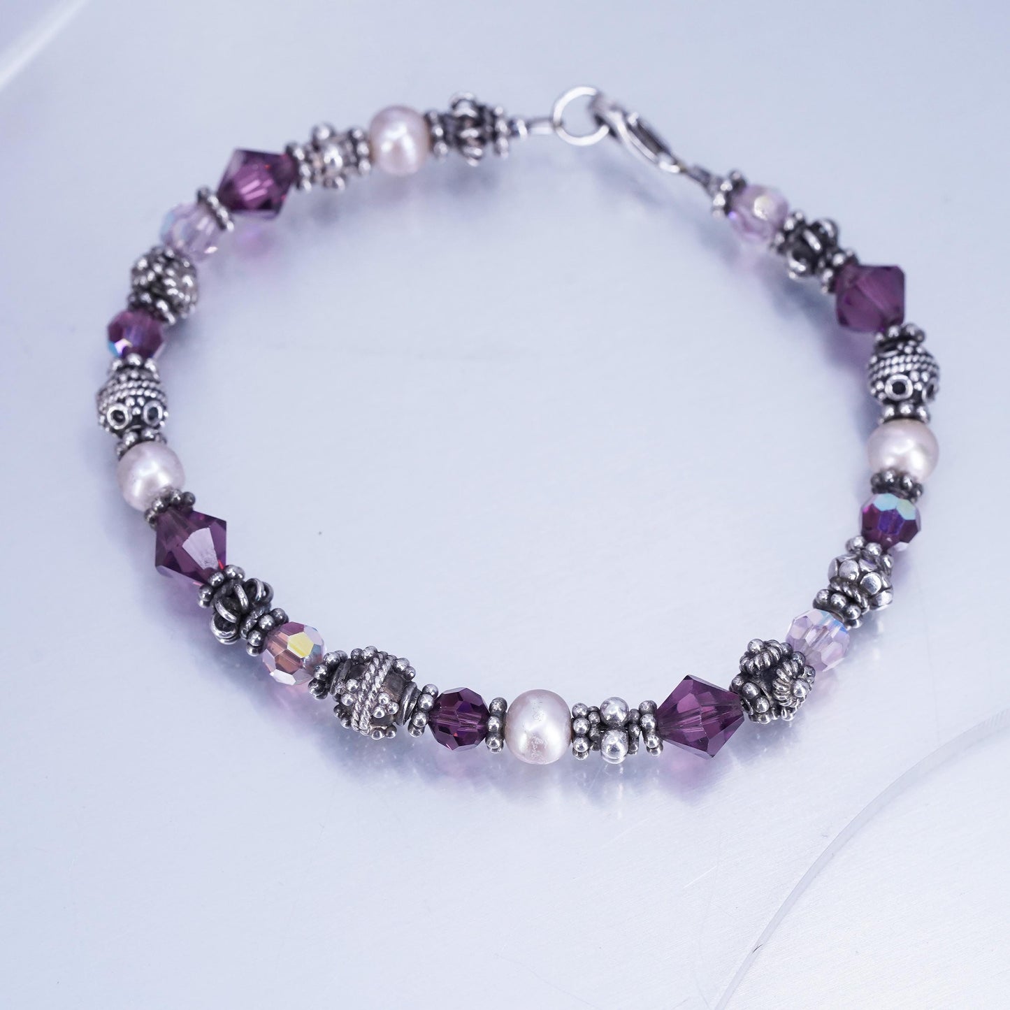 8”, vintage Sterling 925 silver handmade bracelet with pearl amethyst beads