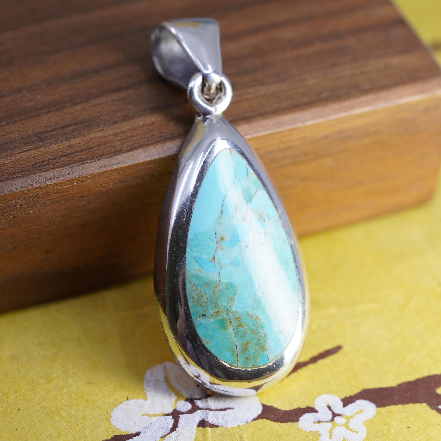 Vintage southwestern Sterling 925 silver handmade teardrop pendant turquoise