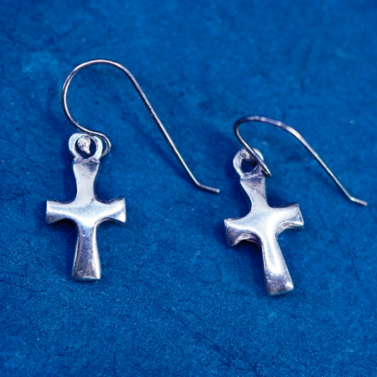 Vintage Sterling silver handmade earrings, solid 925 silver cross drops