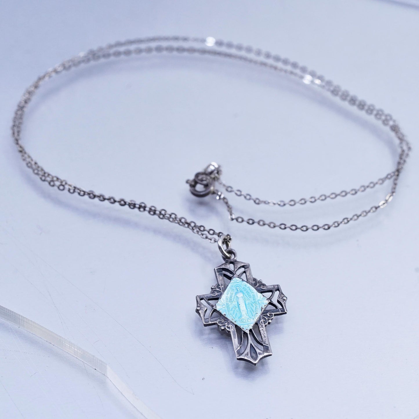 18", Sterling 925 silver circle necklace blue enamel cz pendant Virgin Mary