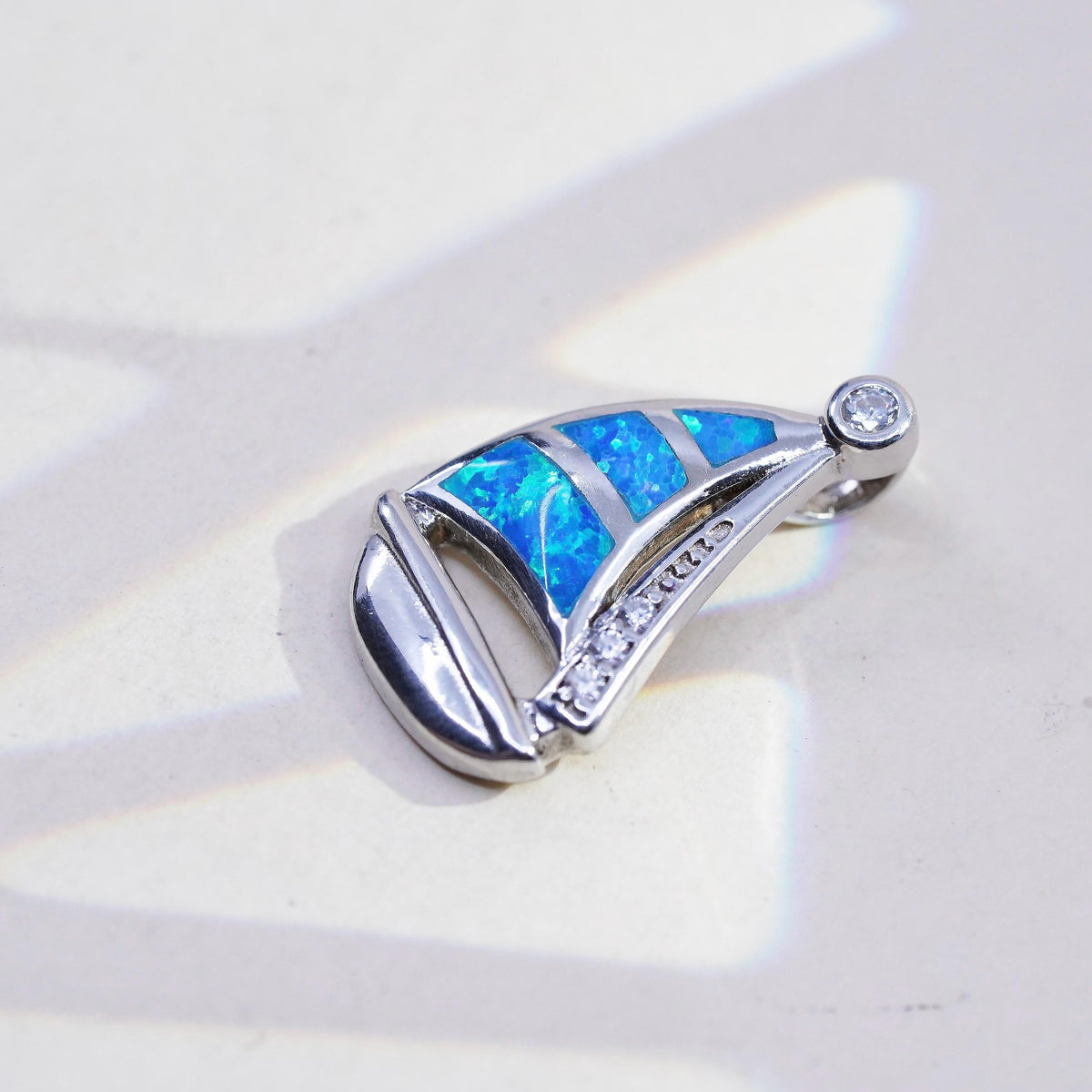 Vintage sterling silver handmade pendant, 925 silver sailing boat opal inlay cz