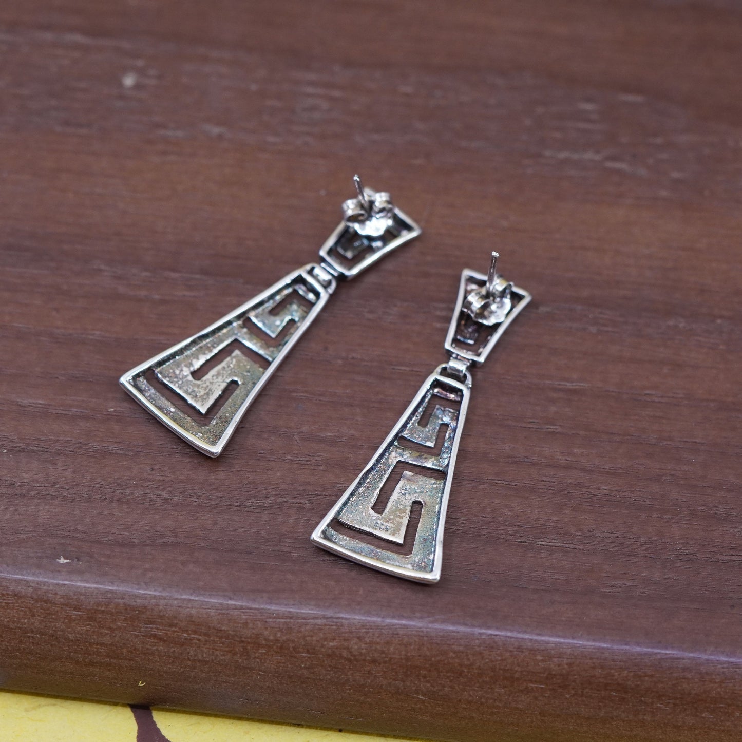 Vintage Sterling silver handmade earrings, 925 teardrop Greek key dangles