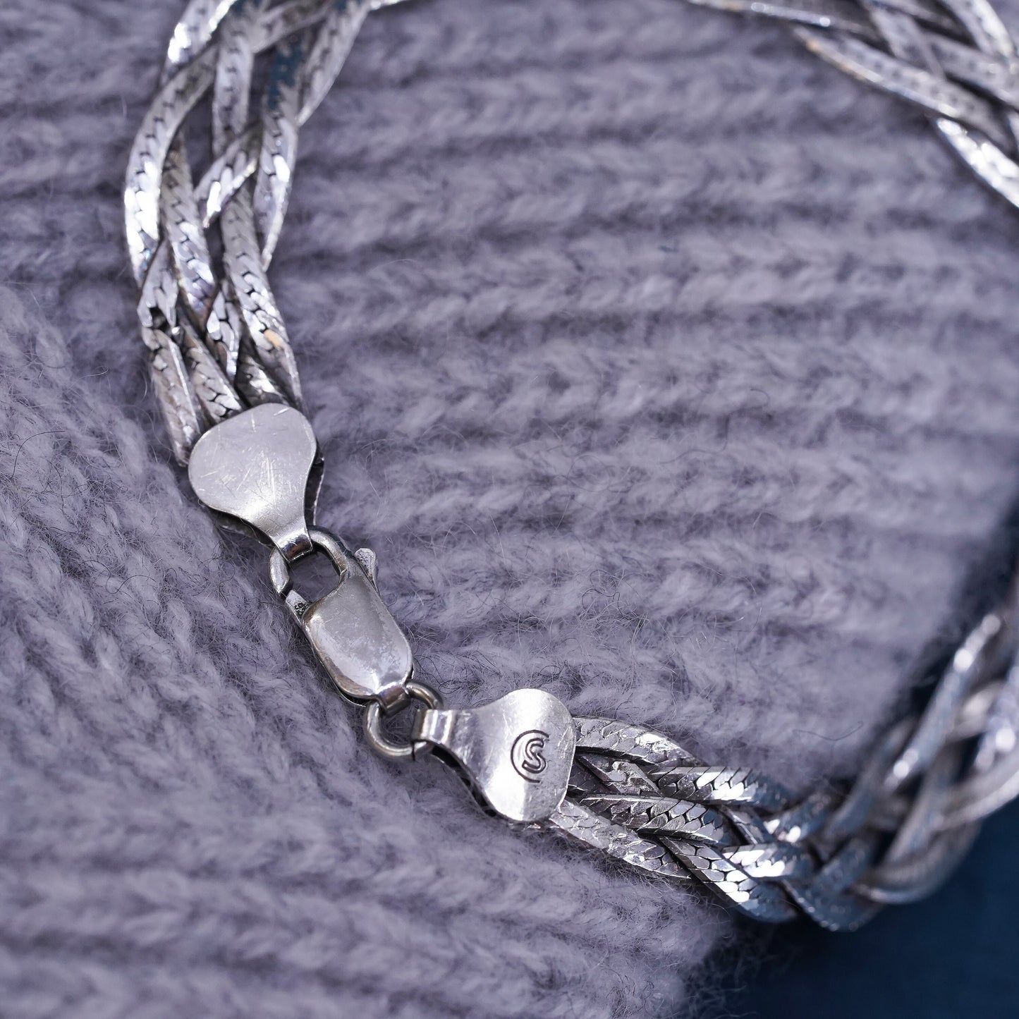 7", 8mm, vintage Sterling silver bracelet, textured 925 herringbone woven chain