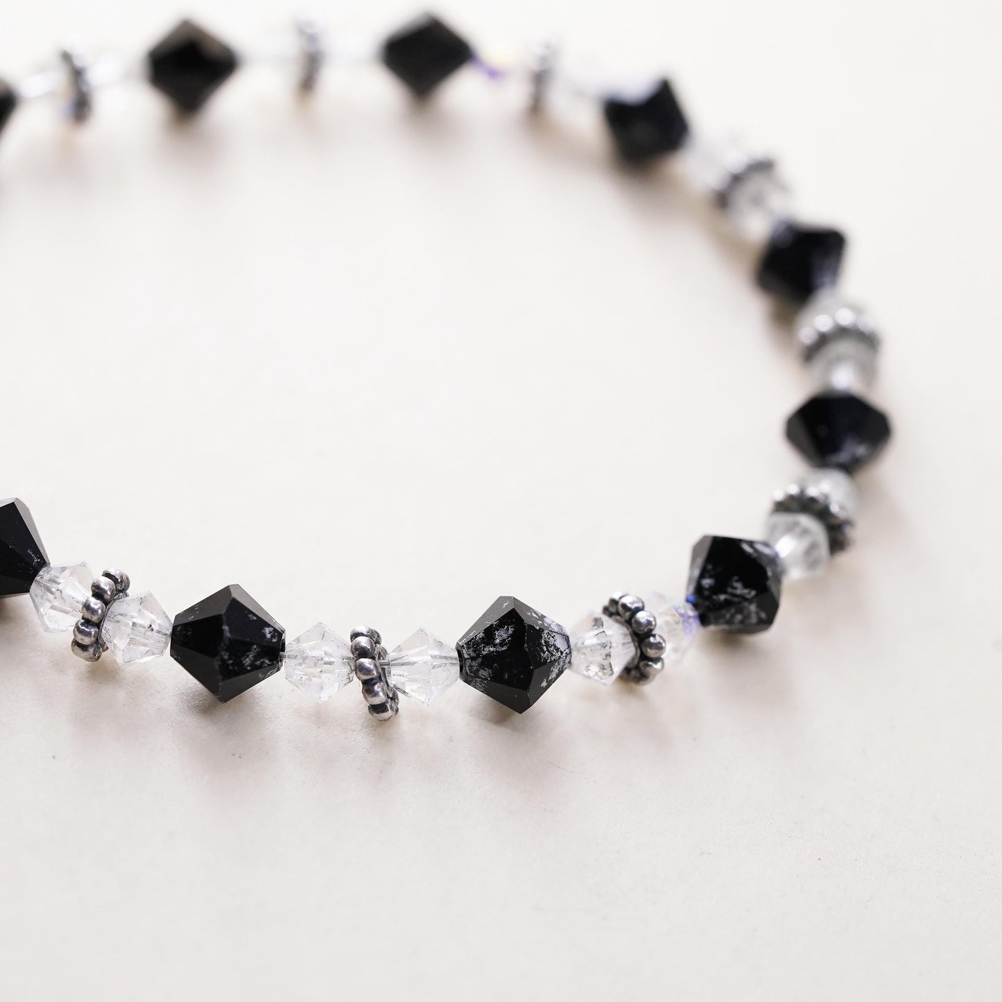 6.5", vintage Sterling silver bracelet, 925 beads black Crystal toggle closure