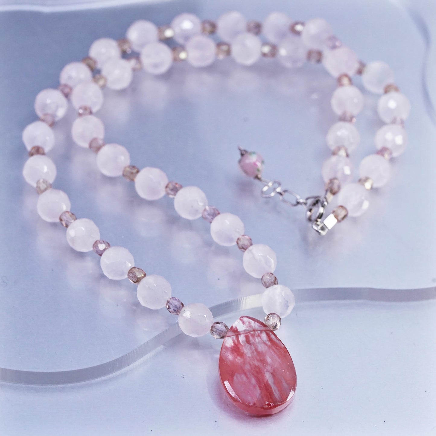 19", 925 Sterling Silver Pink Rose Quartz Beads cherry quartz teardrop pendant