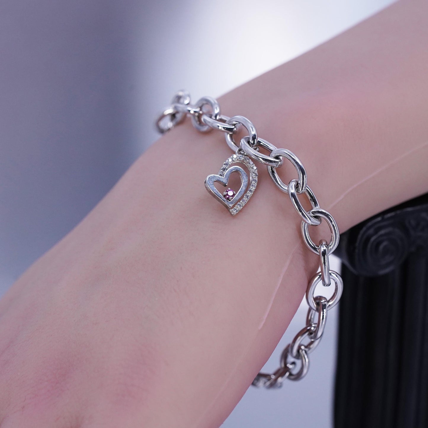 7.25”, Sterling silver bracelet, 925 bold oval chain with crystal heart charm