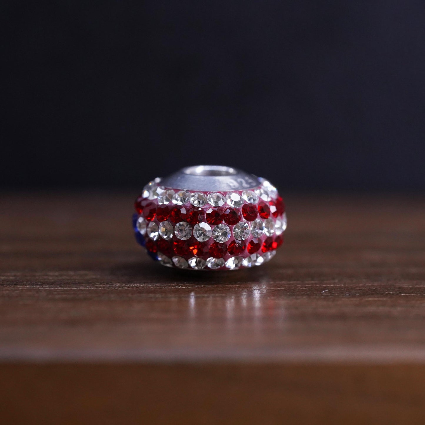 Vintage Sterling 925 silver handmade American flag bead charm with cluster cz