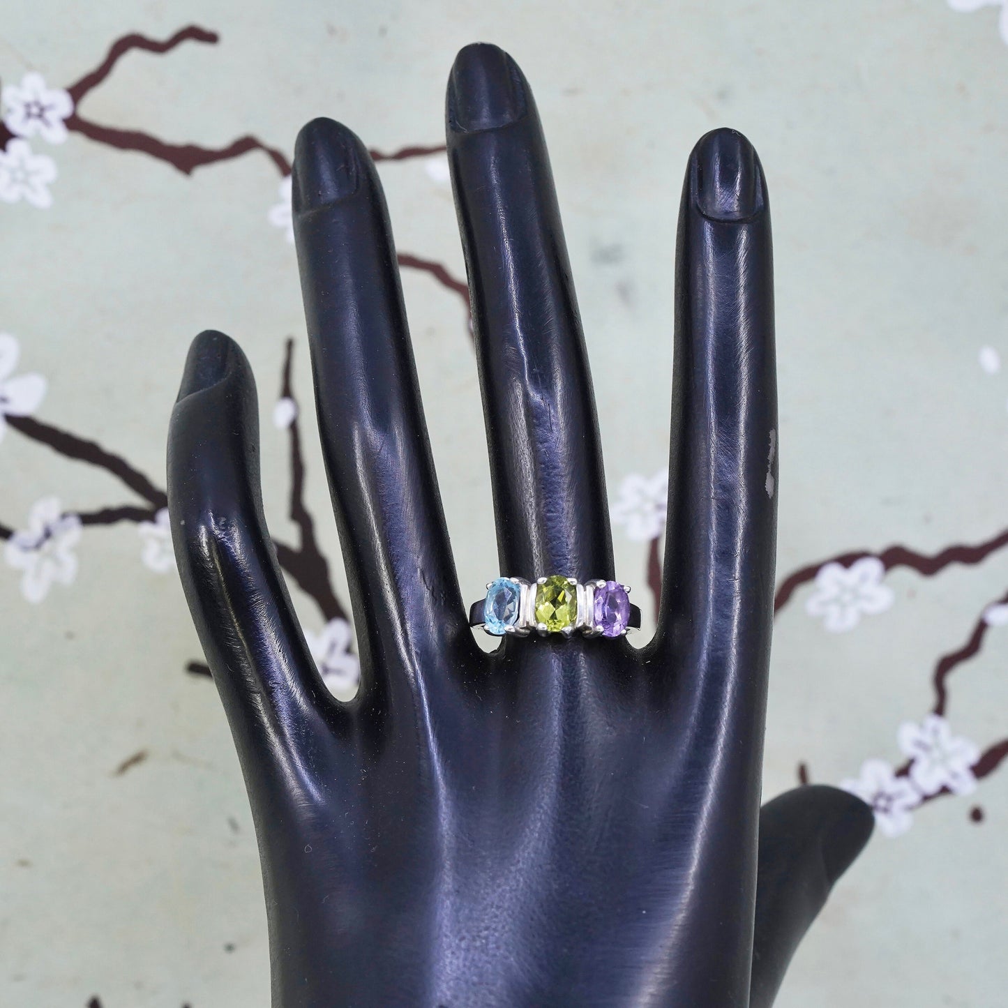 Size 9, vintage sterling 925 silver handmade ring with topaz peridot amethyst